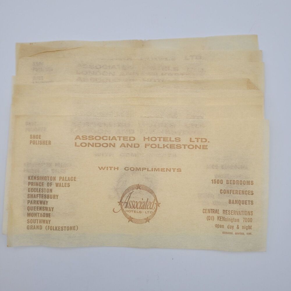 VTG 70s Associated Hotels Disposable Shoe Polishers London Folkstone UK~ QTY 10